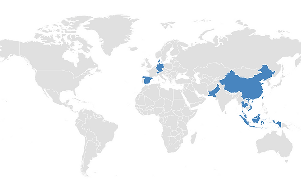 Weltkarte des Koinmo-Netzwerks mit den aktiven Ländern in Europa und Asien